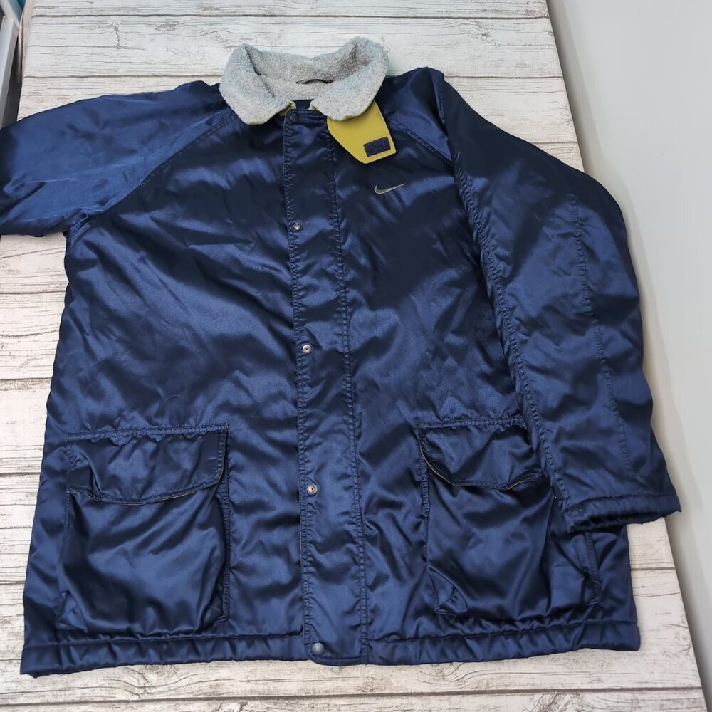 90s Nike Parka Sherpa Lined Stadium Jacket Long Men’s Size XXL Blue Big Swoosh